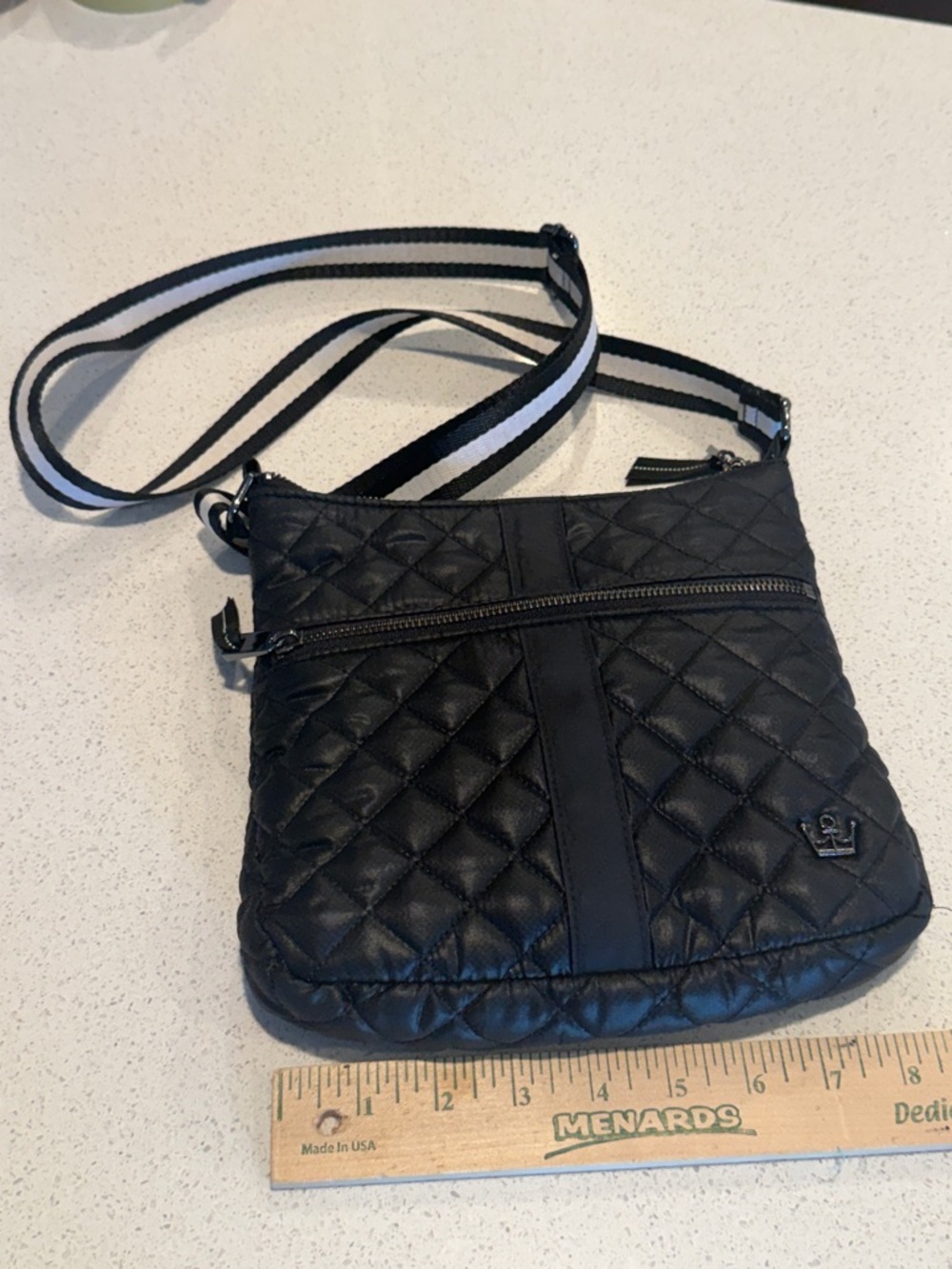 Quilted Black Crossbody Bag with white and black strip